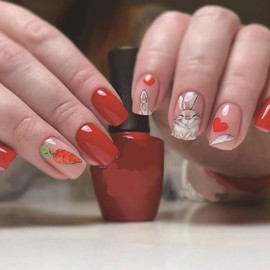 24 Pcs Easter Press on Nails Short Square OLIUKJU Bunny Fake Nails Cute Rabbit Designs Acrylic Press on Nail Red Full Cover False Nails Glue on Nails for Women Girls