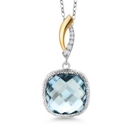 Gem Stone King 925 Sterling Silver Sky Blue Simulated Aquamarine and White Lab Grown Diamond Pendant Necklace for Women | 6.05 Cttw | Gemstone March Birthstone | Cushion 12MM | With 18 Inch Chain