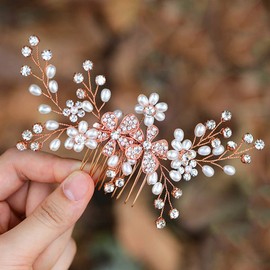 Ushiny Crystal Bridal Wedding Hair Comb Beads Headdress Flowers Hair Side Comb for Women and Girls (Rose Gold)