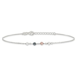 Auriga Fine Jewelry 925 Sterling Silver Polished Syn. Pink, Black, White Pearl Plus 1" ext. Cable Chain Anklet 9.75"
