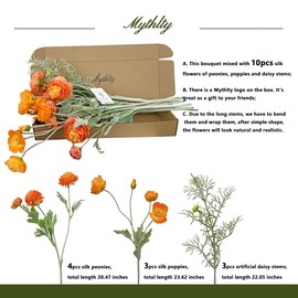 Mythlty 10pcs Orange Flowers Artificial Bouquet for Vase, Fake Peonies Poppies and Daisies Stems Mixed, Silk Ranunculus Flowers Arrangement for Farmhouse Home Office Table Centerpieces Decorations