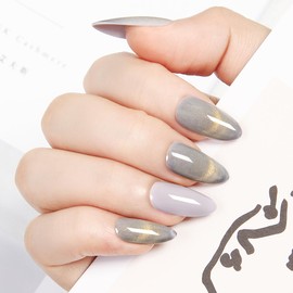 Withered Hnad Press On Nails - Semi-Transparent Glitter Short Almond False Nails, Reusable Stick On Fake Nails with Glue | Salon Quality - 24 Nails Kit