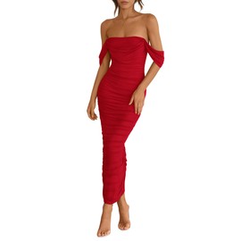 PRETTYGARDEN Womens 2026 Summer Off The Shoulder Dress Ruched Bodycon Sleeveless Split Cocktail Party Maxi Dresses (Red,Small)
