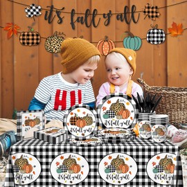 142pcs Fall Dinnerware,Black White Buffalo Plaid Pumpkins Fall Plaid Paper Plates Napkins and Cups Supplies for Autumn Thanksgiving It's Fall Y'all Party Decorations