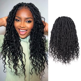 ToyoTress Boho Butterfly Locs With Human Hair Curls - 18 Inch 8 Packs Natural Black Hand Twisted Pre-Looped Crochet Locs, Short Boho Faux Locs Crochet Braids Human Braiding Hair (18 Inch, 8P-1B)