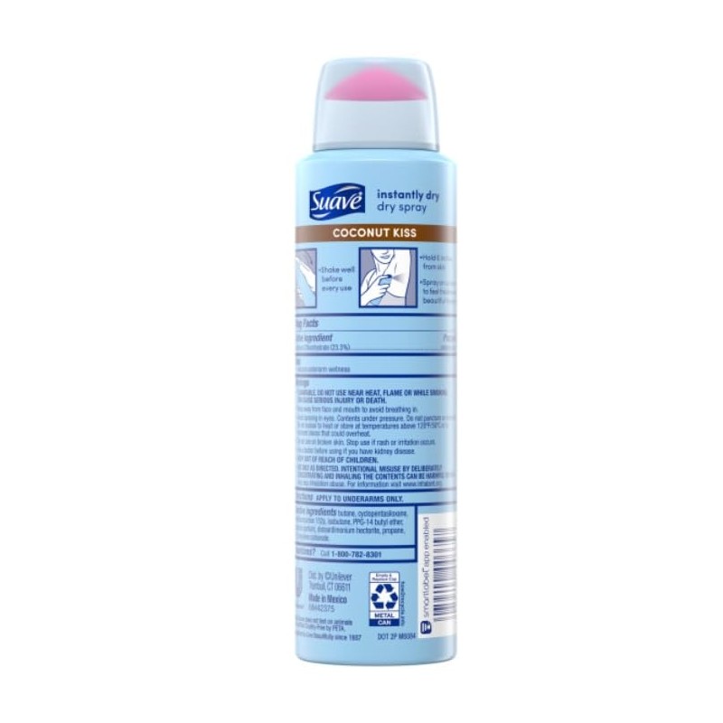 Suave Spray Deodorant Woman, Coconut Kiss deodorant women spray, Antiperspirant,