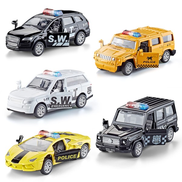 KIDAMI Die Cast Metal Little Toy Cars Set of 5, Openable Doors Pull Back Car Gift Pack for Kids (Police car)