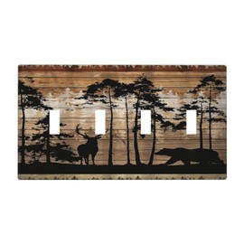 Xuejiaku Forest Lodge Brown Wooden Board Moose Wildlife Quad Toggle Light Switch Covers 4 Gang Wall Plate Decorative Switchplate Electrical Faceplate for Farmhouse Country Bedroom Decor