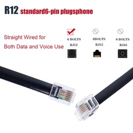 TOYAYAYO RJ12 Cable Phone Cord 15ft RJ12 6P6C Male to Male Straight Wired for Both Data and Voice Use - 15Feet-Black-3 Pack