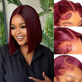 ALHER Short Bob Wig 99J Dark Burgundy, 12A Straight Small Cap 13x4 Lace Frontal Wigs Human Hair Pre Plucked With Baby Hair, Small Cap Wig Size 21-21.5 180% Density for Black Women 14 Inch