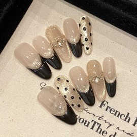 3D Nail Tips Fake Nails Korean Black Pink Handmade Cat Eye Nail Easy to Apply in 1 Second Korean Fashion Nail Tips Short Long Short Long Cute Simple Gelne (22, M)