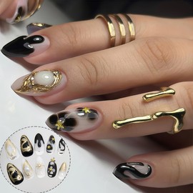 Almond Press on Nails Short Nail with Star Sun Pattern Irregular Stripes Artificial Glitter Design Fake Nails Full Cover Acrylic False Nails Suitable for Women Daily Nail Art Decoration Gift 24Pcs