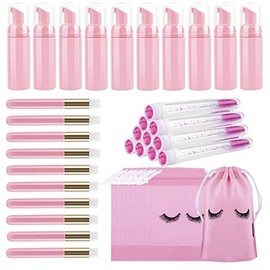 homicozy Juego de 40 cepillos para botellas de champú para pestañas, 10 cepillos de champú para pestañas, 10 tubos de cepillos de pestañas, 10 dispensadores de champú para pestañas, 10 bolsas de cuidado posterior de pestañas para clientes, mujeres y niñas (rosa)