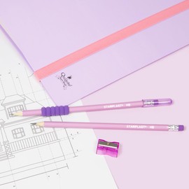 Starplast Set of 3 Purple Pencils with HB Rubber, Non-Slip Pencil Sharpener and Protective Cap – Body 19 cm, Hexagonal Shape, School, Office, Office