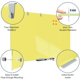 TSJ OFFICE Glass Dry-Erase Board - 36 x 24 Inches Wall Mounted Magnetic Whiteboard, Large Frameless Glass White Board for Office, Home & School, Yellow