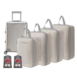 4 Set Lightweight Compression Packing Cubes Travel Organizer for Carry-On Luggage Suitcase Backpack, Space-Saving Luggage Organizer Bags with Extra Shoe Bags, Beige