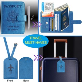 Passport Holder With Luggage Tag Cover Wallet RFID Blocking Leather Case Travel Essentials Accessories Travel Must Have(114#Blue)