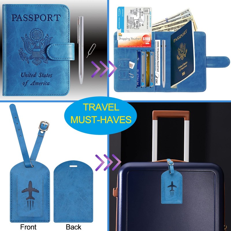 Passport Holder With Luggage Tag Cover Wallet RFID Blocking Leather
