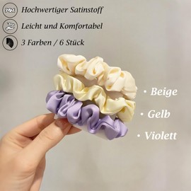 PUSCOBSY Satin Scrunchies Haargummi Damen, Elastische Scrunchie ohne Haarbruch, Klein Haargummis für Dickes Haar Dünnes Haar, 6 Stück Beige Violett Gelb