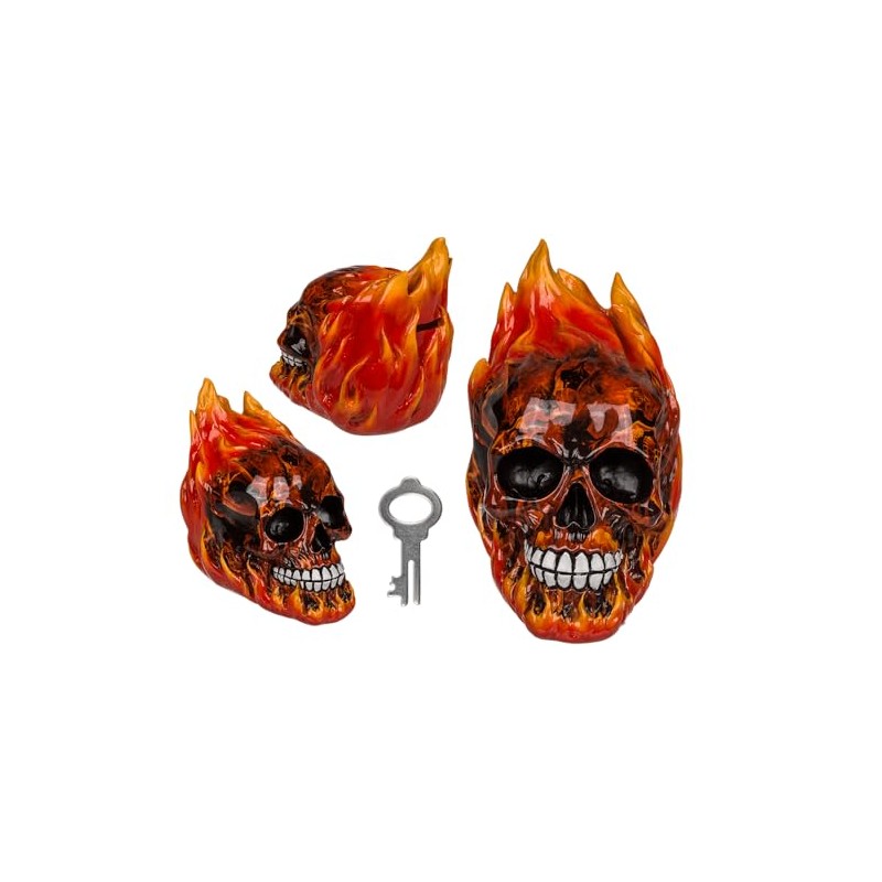 Money Box with Lock Skull with Fire Approximately 16 x