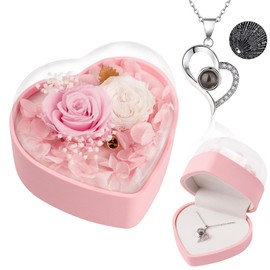 Christmas Rose Flower Gifts for Women, Preserved Real Rose with Heart Necklace, Forever Flowers Eternal Rose in Box Anniversary Birthday Xmas Gifts for Women Mom Her Grandma Sister Wife Friend (Pink)