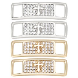 WEBEEDY 4 Stück 2 Paar Schuhbandanhänger Mit Kreuz Und Funkelnden Diamanten Schuhband Schnalle Im Hip Hop Stil Stilvolle Schuhdekoration Aus Messing Für Sneaker Boots (Silber,Gold)