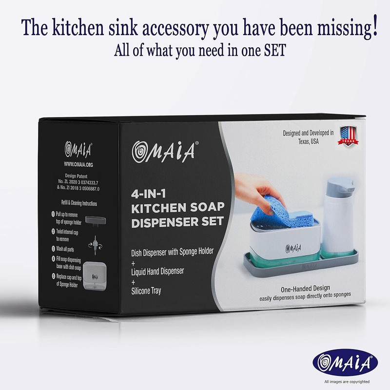 OMAIA 4-in-1 Dish Soap Dispenser Set with Sponge Holder and