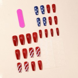 Independence Day Press on Nails Medium Red White Blue Tricolor Stripe Stars Design Full Cover French False Nails Ballet Shaped Fake Nails Artificial Acrylic Nails Glue on Nails for Women July 4