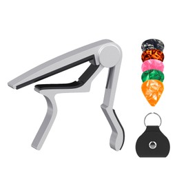 Guitar Capo, Capo for Acoustic Guitar 6 String and 12 String, Guitar Capo with Pick Holder and 5 Picks, Metal Capo for Ukulele, Mandolin, Banjo, and other String Instruments (Silver)