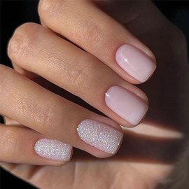 24pcs Medium Square False Nails - Glitter Pink Stick on Nails Silver - Press on Nail Removable Glue-on Nail Fake Acrylic Full Cover Nails Women Girls Nail Art Accessories