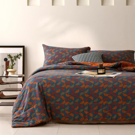 Purefair 100% Cotton Muslin Jacquard Comforter Set, Floral Ginkgo Leaves Print, Soft Lightweight Reversible 3 Piece Bedding Sets for All Season, Navy Orange, Full/Queen(90"x90")