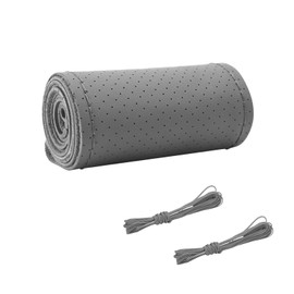 Augeny Genuine Leather Steering Wheel Cover, Breathable Anti-Slip Car Steering Wheel Protector Stitch on Wrap for Max Diameter 15 Inch, DIY Sewing with Needle Thread (Full Hole, Gray)