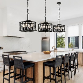 Corlaceling Farmhouse Chandelier, 4-Light Black Dining Room Light Fixtures Industrial Drum Hanging Pendant Lighting for Kitchen Island Entryway Foyer Bedroom Hallway