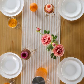 Natural and White Amalfi Striped Table Runner Linen Blend Table Decor Elegant Classic Tablecloth Machine Washable for Indoor Outdoor Events Family Dinner Banquet Parties and Celebrations (14x36 Inch)