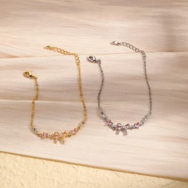 DivaGlamz Bow Zircon Bracelet - Friendship Is Like A Bow For Women, Adjustable Ribbon Bow Beaded Chain White Pink CZ Friendship Bracelets To My Best Friend Fashion Gifts Jewelry, Large, Copper, no