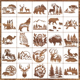 25 Pcs Forest Animal Wood Burning Stencils for Painting 6" Reusable Bear Deer Wildlife Mountain Pine Tree Stencils for Wood Fabrics Wall DIY Crafts (Animal 01)