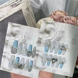 Nail Apparel Hand Made Long Ballet Press on Nails-Luxury UV Finish Manicure 10Pcs, Various Size (Large (Pack of 10), Light Blue French Butterfly Rhinestone Pearl Chain)