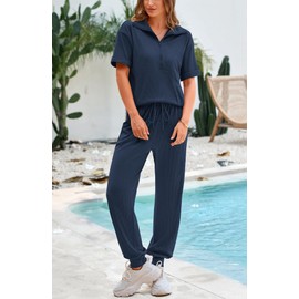 BTFBM Women's Summer 2 Piece Outfits Short Sleeve Half Zip Sweatshirt Jogger Sweatpants Sets Lounge Sweatsuits Tracksuit(Solid Navy,Large)