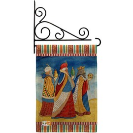 Breeze Decor GS114212-DB-03 Three Wise Men Burlap Winter Nativity Impressions Decorative Vertical 13" x 18.5" Double Sided Garden Flag Set Metal Fansy Wall Bracket Hardware