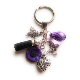 Handmade Purple Poppy With Faux Suede Tassel & Tibetan Charms Keyring