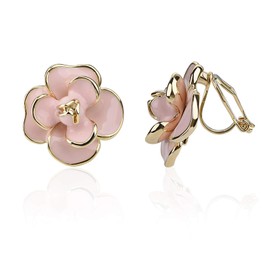 Classic Enamel Camellia Clip Earrings Elegant Flower Hypoallergenic Non Pierced Earrings 925 Silver Stud Earrings for Women Bridal (Pink Clip)