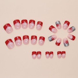 24Pcs Xmas Snowflake Press on Nails Short Square Nails French Tip Fake Nails with Glitter Designs Christmas Acrylic Nails Full Cover Stick on Nails Winter Snow False Nails for Women Nails Decoration