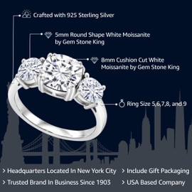 Gem Stone King 3.40 Cttw White Moissanite 3-Stone Engagement Ring For Women | 925 Sterling Silver | Cushion 8MM | 3 Stone Wedding Engagement Anniversary Promise Ring For Women (Size 5)