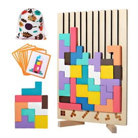 3D Puzzle Tetris Game Children with Bag, Montessori Toy, Brain Toy from 3 4 5 Years, Wooden Puzzle with 42 Pieces Intelligence Colourful Building Blocks, 10 Cards, Educational Toy Gift for Boys Girls