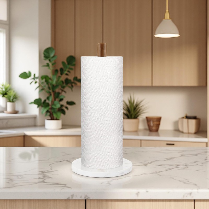 Buruis Wood Paper Towel Holder, Marble Base Modern Decorative Countertop