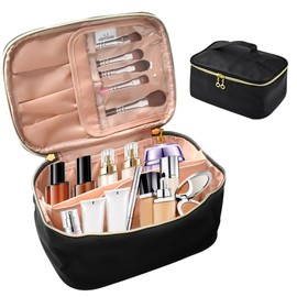 YBCCBY Cosmetic Bag Women's Toiletry Bag PU Leather Makeup Bag Large Make Up Bag Portable Travel Bag Cosmetic Bag Cosmetic Case with Handle and Divider Vanity Case, black