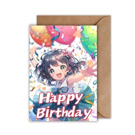 WBdesignz Anime Birthday Card with Envelope - Colourful Birthday Card in Anime Style Happy Manga Motif with Balloons Confetti "Happy Birthday" for Children Girls Anime Fans (A6)