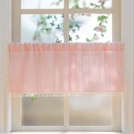 GHOJYFM Pink Farmhouse Boho Curtains - 1 Panel Bohemian Short Cafe Window Curtains with Tassels, Semi Blackout Striped Tier and Valance for Kitchen Bathroom, Rod Pocket, Pink, 52" W x 18" L