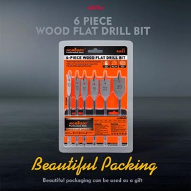 6PCS Wood Flat Drill Bit Set 10-25mm, S2 Steel Spade Drill Bit with 1/4" Hex Shank, High-Speed Drilling Bits for Wood, Chipboard, MDF – with Plastic Wall Mount