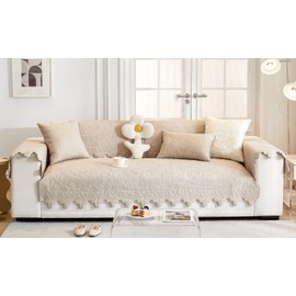 Huierxun Luxury Vintage Cotton Embroidery Sofa Cover 3D Floral Textured Boho Seat Cushion Cover Quilted Sectional Couch Cover Anti-Slip Sofa Slipcovers Furniture Protector for Pet Dog (Khaki,28"x28")